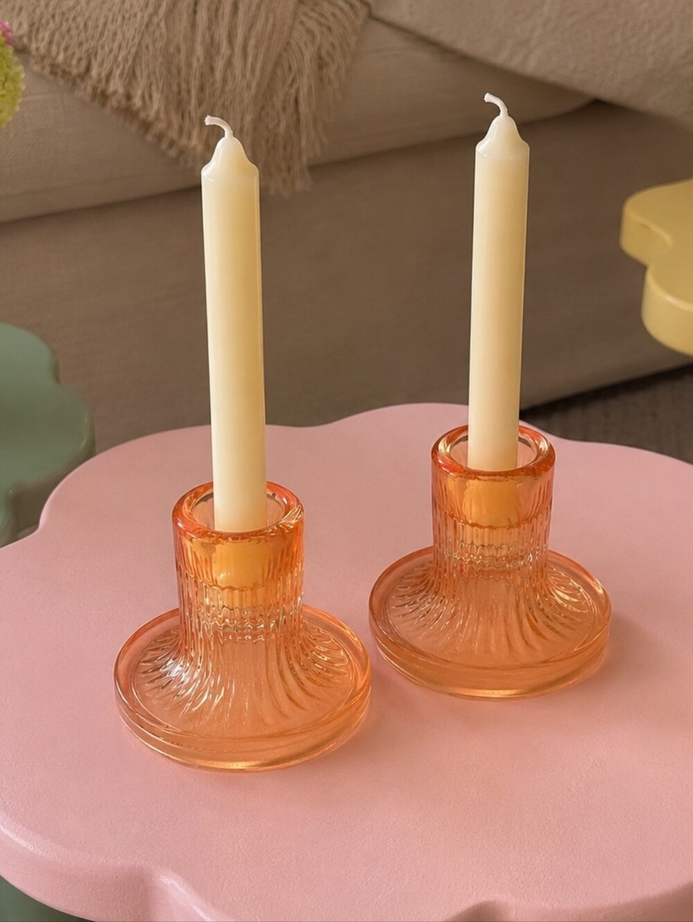 Pair Of I'mRoom Essentials Glass Taper Rose Pink Amber Candle Holders